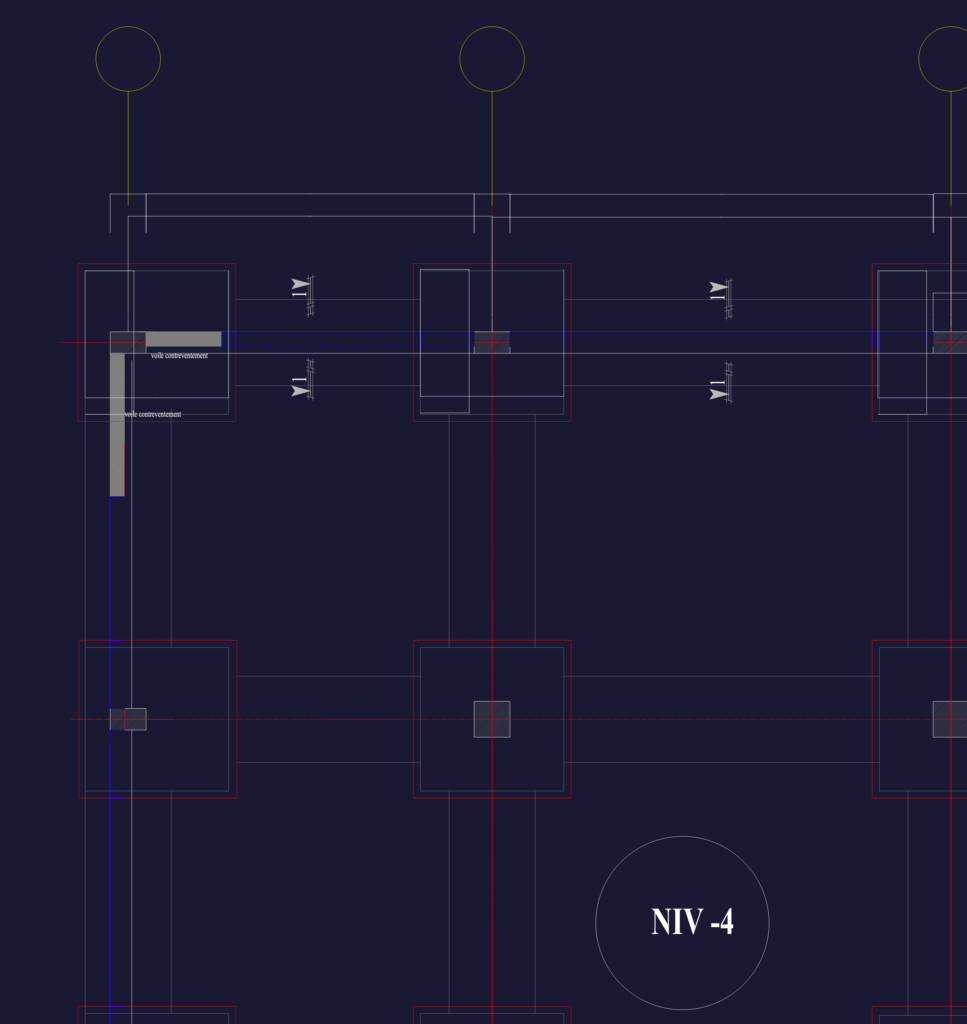 Structural CAD drawing of level -4 basement foundation plan with columns, shear walls, and concrete footings.