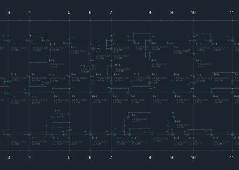 CAD layout for 0.30x0.30m driven concrete piles showing grid-based location plan and pile specifications.
