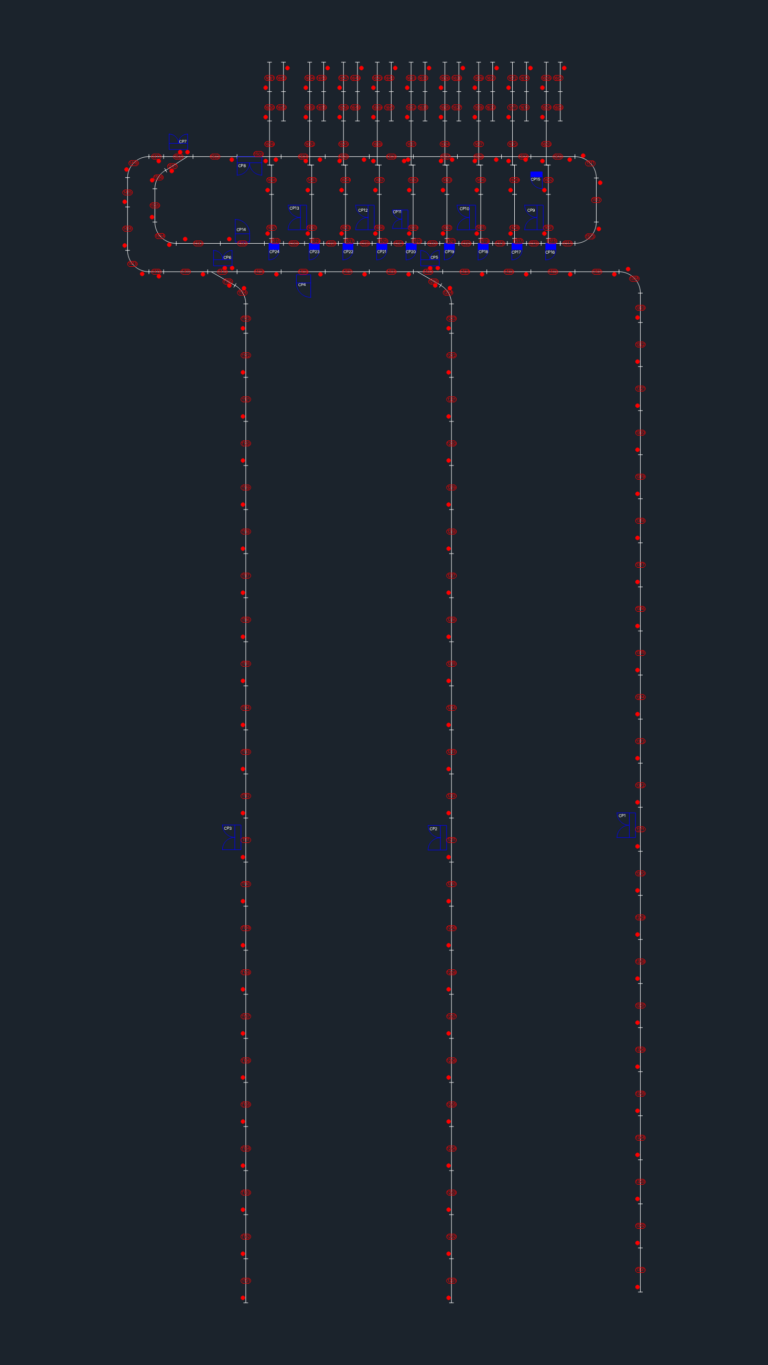 2D industrial CAD layout of a warehouse conveyor loop with sorting lanes and 24 marked control points.