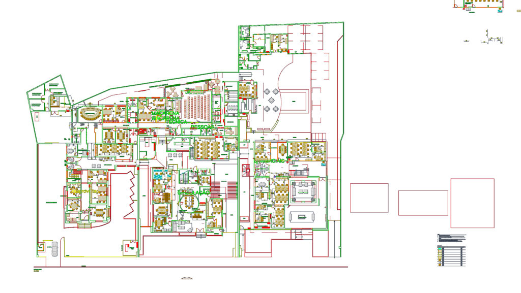 Detailed CAD floor plan of a corporate media office with workstations, technical rooms, auditorium, and parking area.