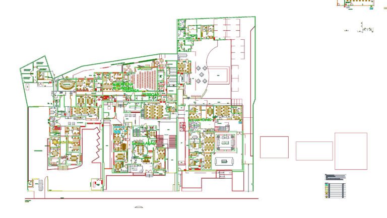 Detailed CAD floor plan of a corporate media office with workstations, technical rooms, auditorium, and parking area.