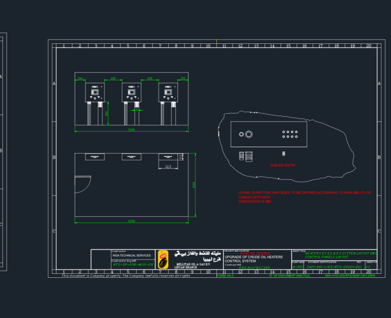CAD layout for heater control panels showing front elevations, plan view with dimensions, and cable entry detail.