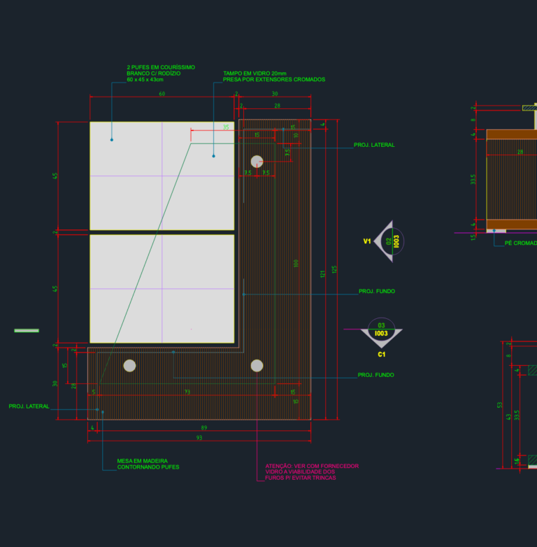 CAD technical drawing showing plan and section views of an L-shaped coffee table with ebonized wood and glass top.