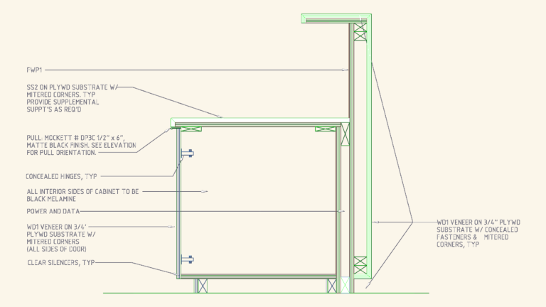 CAD section detail of a custom reception desk with wood veneer, mitered corners, and concealed cabinet hardware.