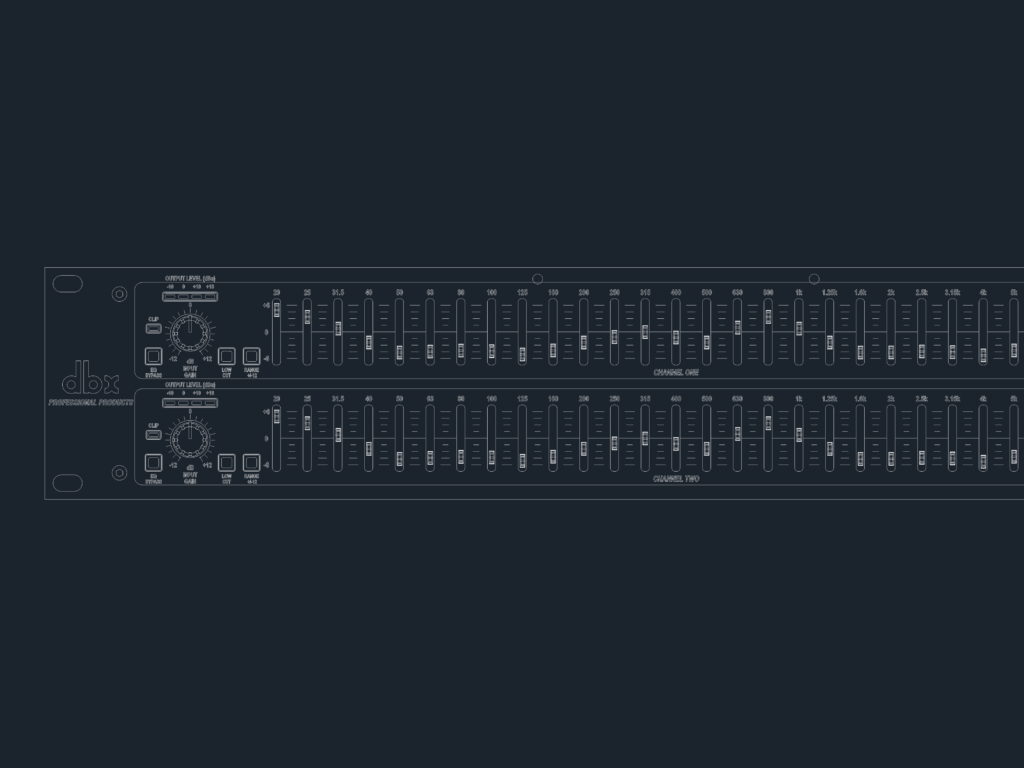 Front-view CAD block of a dbx 231 graphic equalizer showing dual-channel faders, gain knobs, and rack-mount ears.