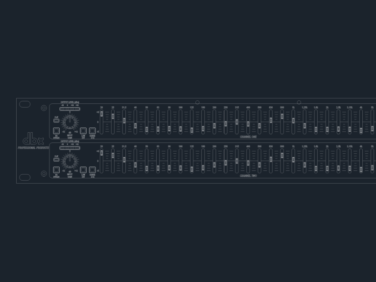 Front-view CAD block of a dbx 231 graphic equalizer showing dual-channel faders, gain knobs, and rack-mount ears.