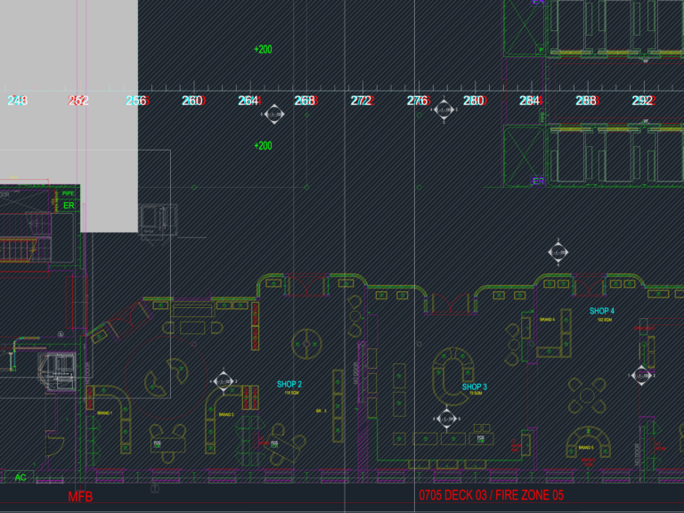 CAD floor plan of cruise ship Deck 03 atrium showing retail shop layouts, seating arrangements, and equipment placement.