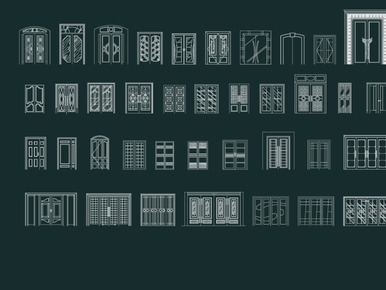 CAD elevations of 38 double entrance doors featuring arched tops, glass panels, and ornate decorative moldings.