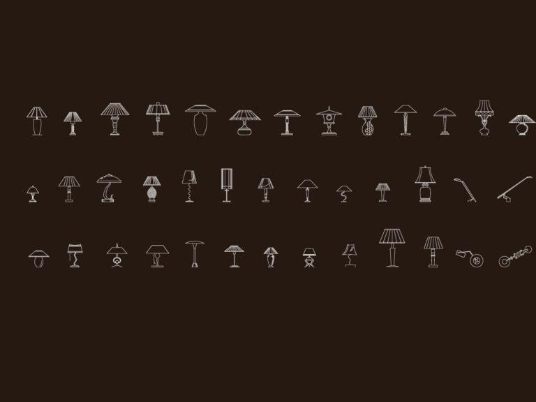 CAD elevation drawings of 39 decorative table lamps, including bedside, desk, and classic pleated shade styles.