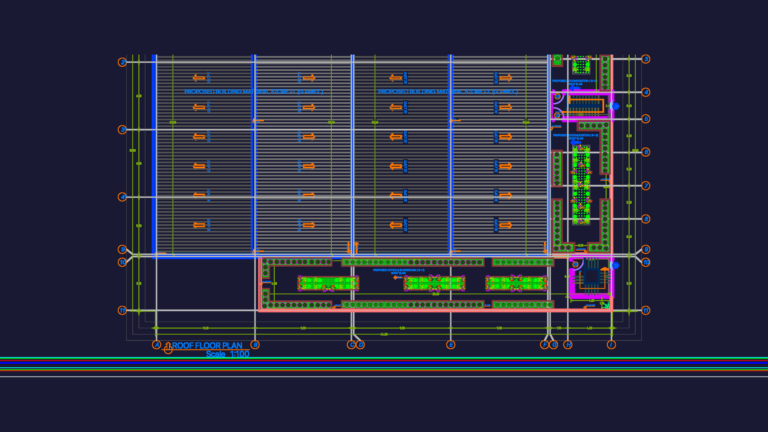 Architectural CAD roof floor plan of a proposed building material store with warehouse, office, and showroom areas.