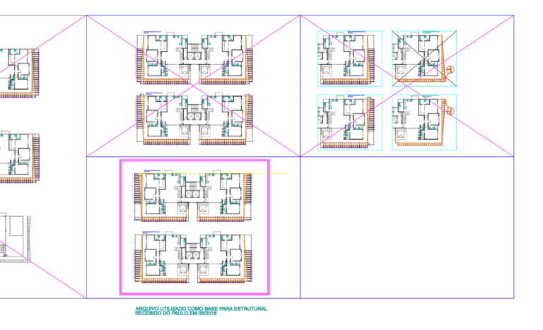 Architectural floor plans for a multi-unit residential building showing apartment layouts, stairs, and balconies.