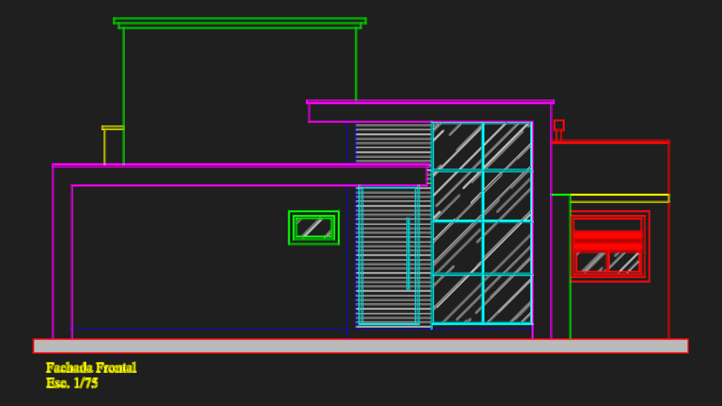 Front elevation CAD drawing of a modern 167m² single-story house with flat roofs and glass facade.