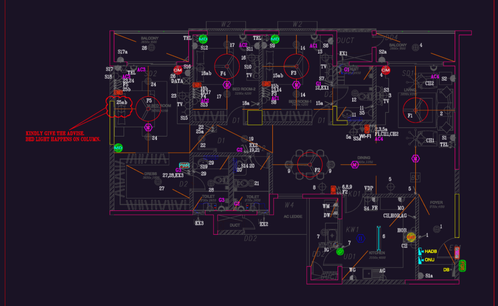 Residential apartment electrical floor plan showing lighting, power outlets, AC points, fans, and kitchen appliances.