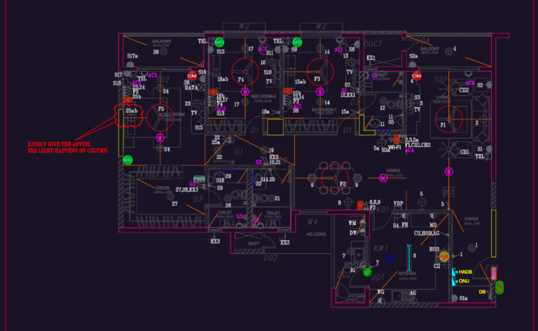 Residential apartment electrical floor plan showing lighting, power outlets, AC points, fans, and kitchen appliances.