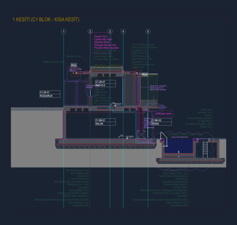 Technical CAD section of a villa with a swimming pool, intensive green roof layers, and basement insulation.