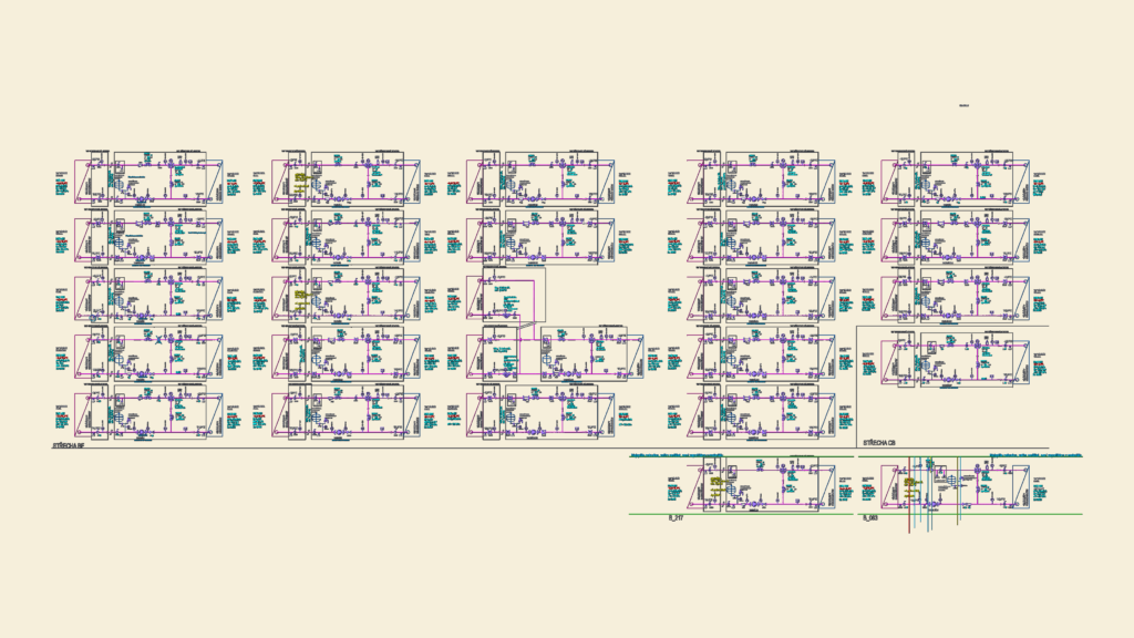 Technical CAD schematics for HVAC heat recovery units showing airflow paths, equipment labels, and sensor data.