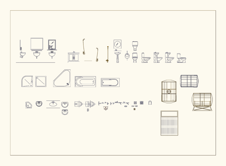 2D CAD drawings of bathroom sanitary ware including toilets, urinals, sinks, bathtubs, and water tanks in plan and elevation.