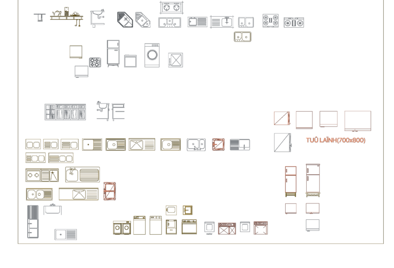 2D CAD drawings of kitchen sinks, stovetops, refrigerators, and washing machines in plan and elevation views.