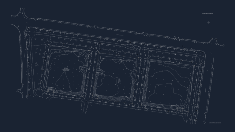 CAD topographic survey showing three land parcels with contour lines, spot elevations, and surrounding street layout.