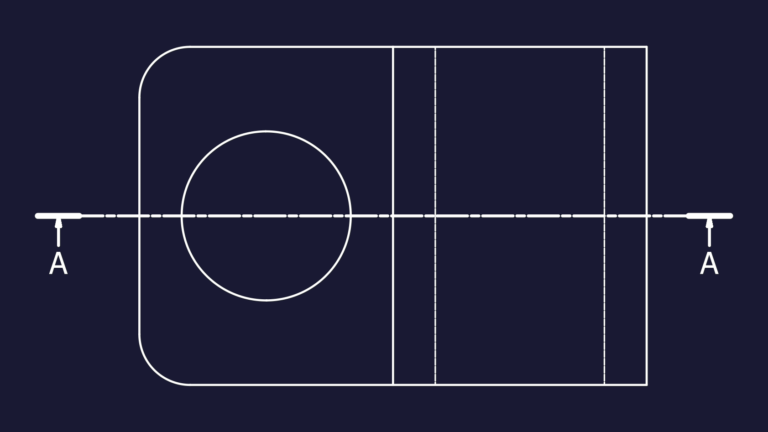 2D CAD top view of a mechanical bracket with a circular aperture and horizontal section line A-A.