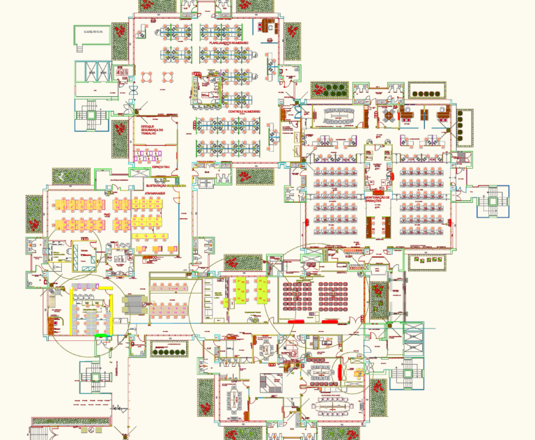 Detailed corporate office floor plan featuring workstations, auditorium seating, meeting rooms, and furniture layout.