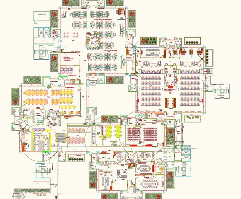 Detailed Corporate Office Floor Plan with Furniture and Equipment Layout
