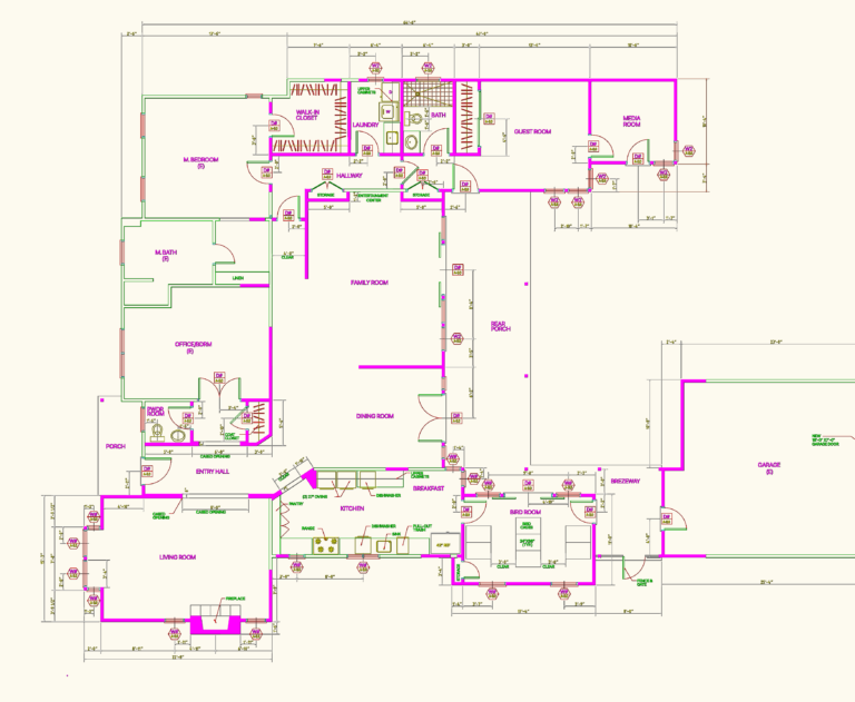 Dimensioned CAD floor plan for a house remodel featuring a master suite, kitchen, bird room, and garage addition.