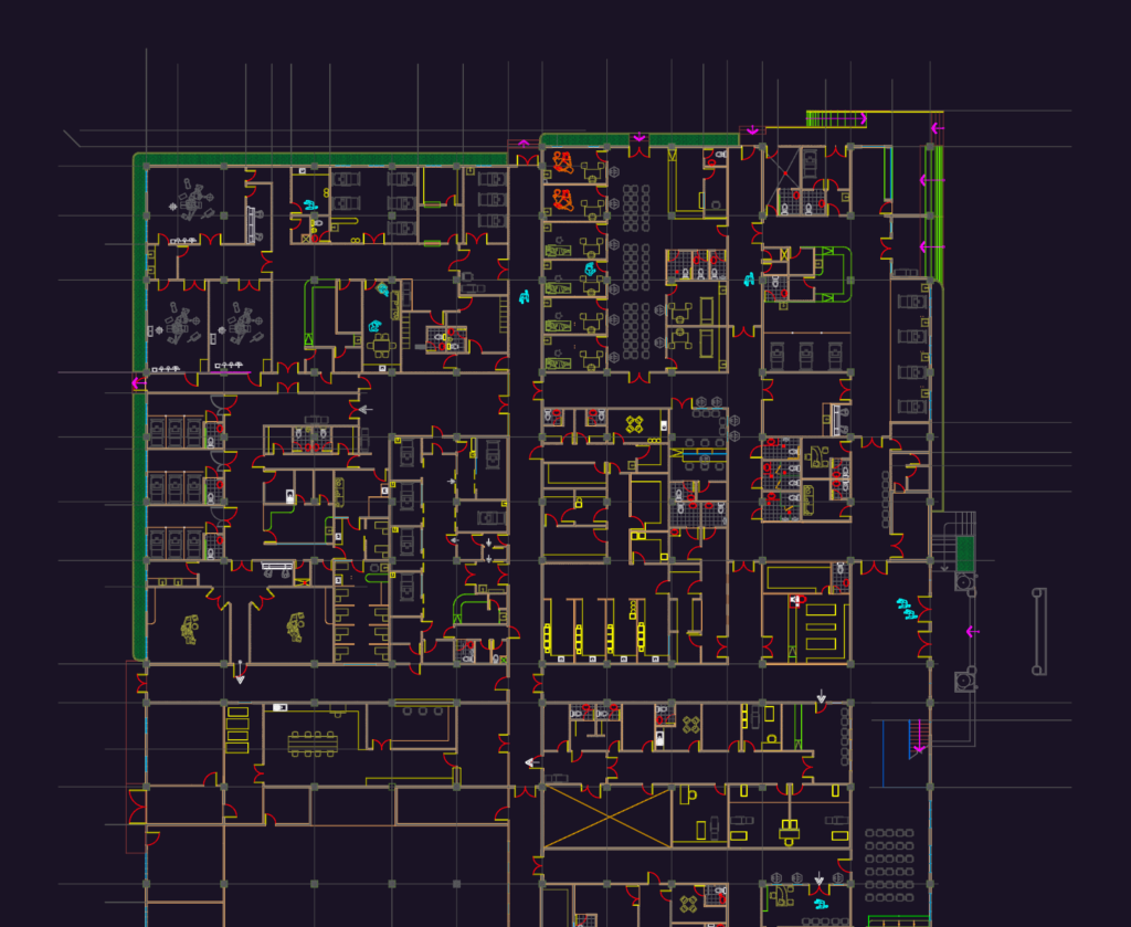 Architectural floor plan of a healthcare clinic with dental stations, patient rooms, and medical equipment layouts.