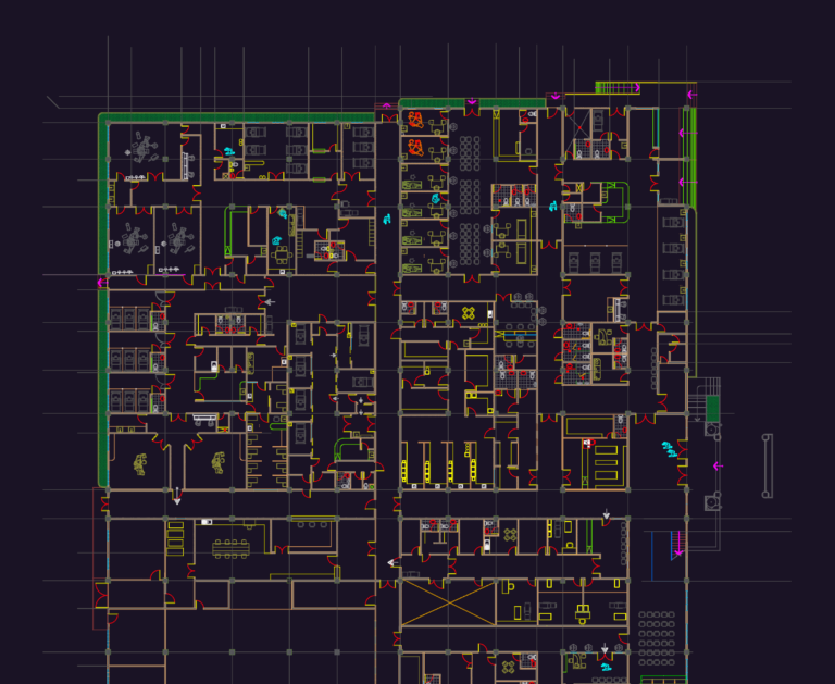 Architectural floor plan of a healthcare clinic with dental stations, patient rooms, and medical equipment layouts.