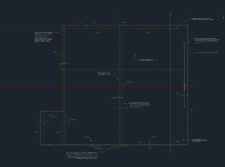 CAD foundation plan for a restaurant showing wall footings, conduit knockouts, and structural engineering notes.