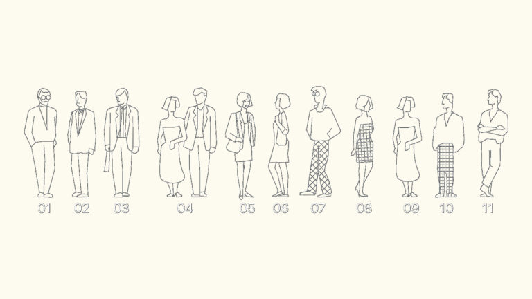 CAD elevation line drawings of 11 stylized human figures and couples in various standing poses.