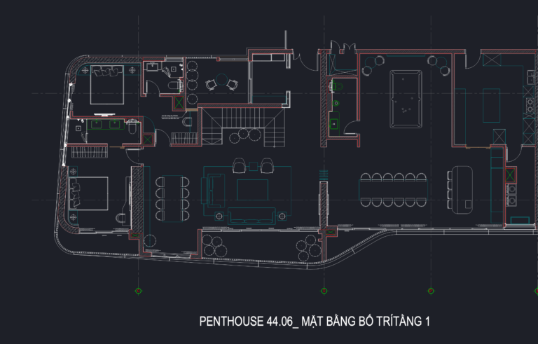 Architectural CAD floor plan of a penthouse with billiards room, dining area, bedrooms, and outdoor terraces.