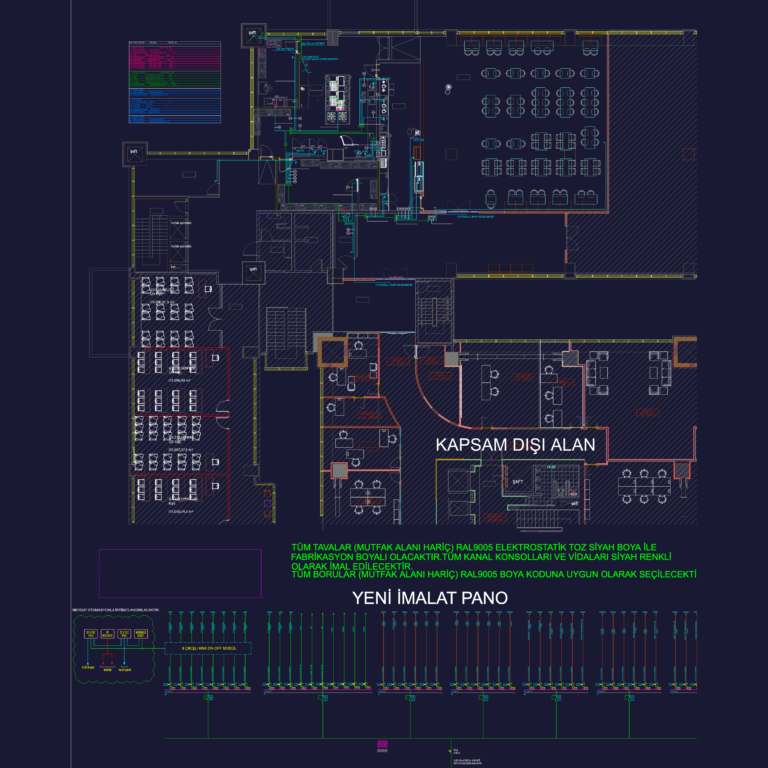 CAD floor plan of an office cafeteria mezzanine showing dining tables, kitchen equipment, and technical schematics.