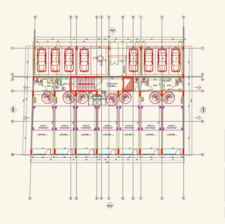 Architectural ground floor layout showing 7 retail shops, 9 parking bays, stairwell, and lift lobby with dimensions.