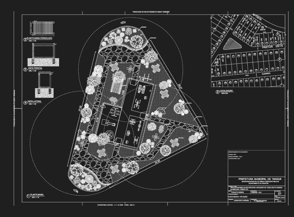 Site plan and pergola details for a seniors fitness park featuring outdoor gym equipment and landscaping.