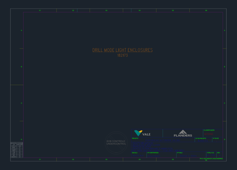 CAD title sheet and index for mining equipment enclosures, featuring Vale and Flanders project data in the title block.