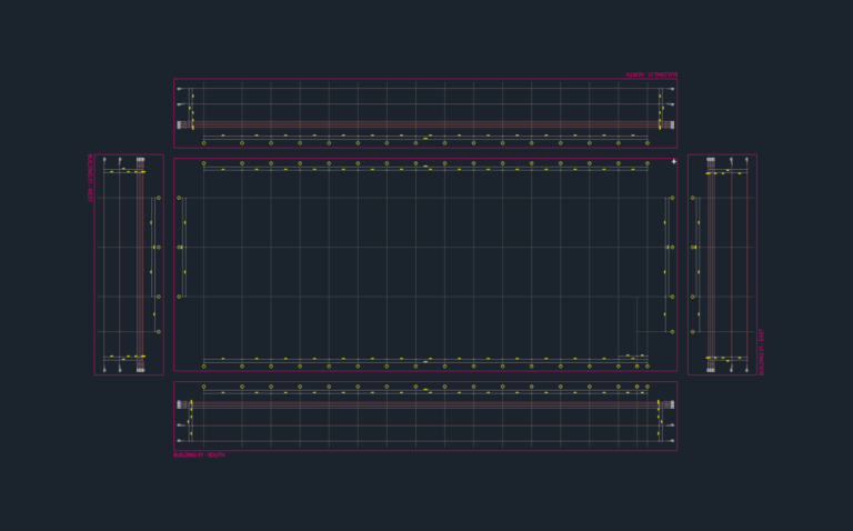North, South, East, and West CAD elevations for an industrial building with grid bubbles and level markers.