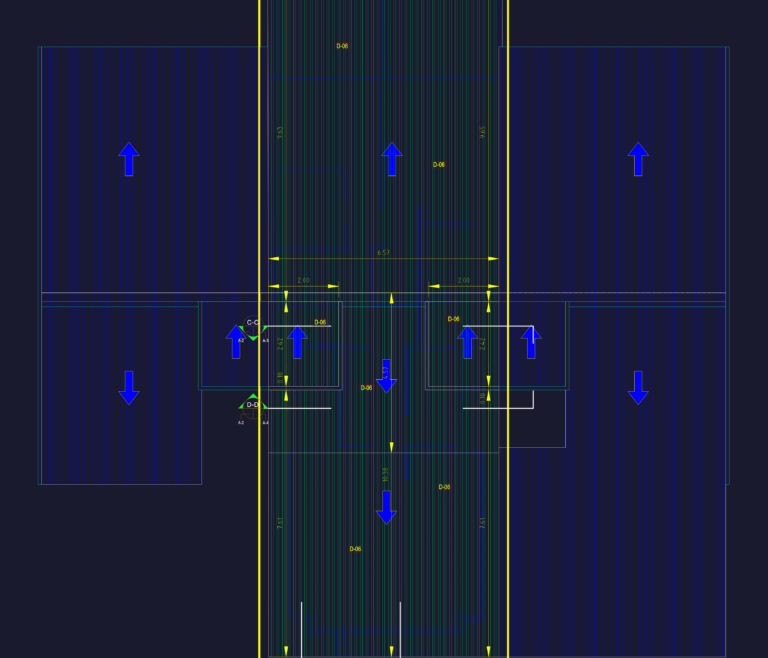 CAD roof layout and site localization for a two-story duplex on a narrow lot, including dimensions and drainage.
