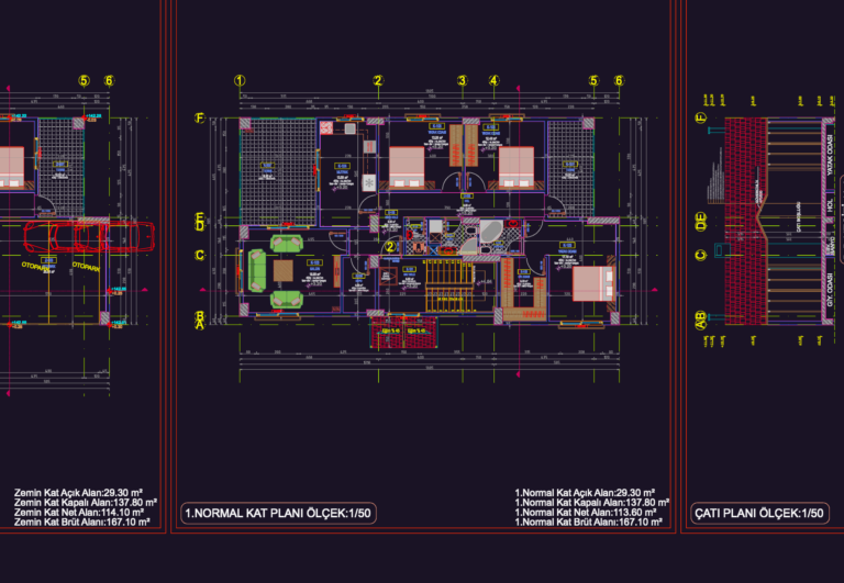 Architectural CAD drawing of a duplex house showing floor plans, roof plan, and area calculations in Turkish.