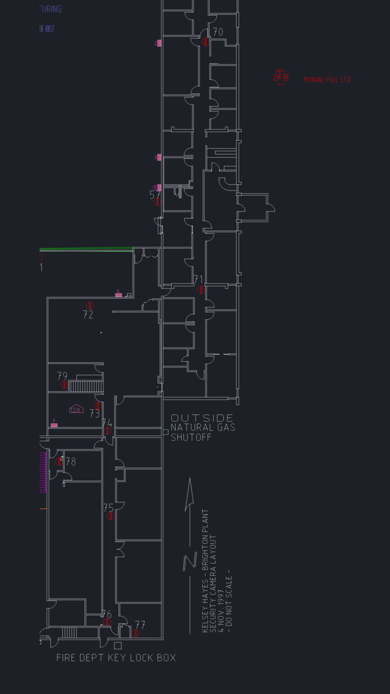 Industrial plant CAD floor plan indicating fire extinguisher locations, gas shutoffs, and fire department access points.