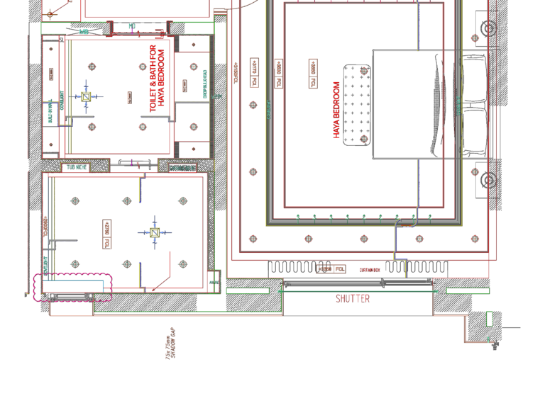 CAD technical drawing showing bedroom floor plan and reflected ceiling plan with lighting and furniture layout.