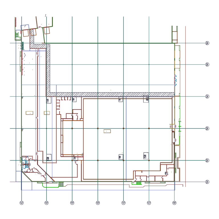 CAD floor plan of a 27,329 square foot retail tenant space with grid lines, stockroom, and HVAC roof unit layout.