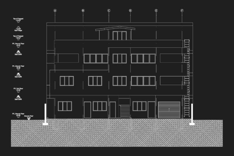 Architectural east facade elevation of a four-story residential building showing floor levels and foundation piers.