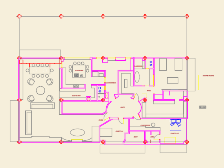Apartment floor plan showing residential lighting layout for kitchen and suites with electrical circuiting symbols.