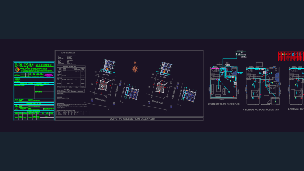 CAD drawing showing residential villa electrical plans, riser diagrams, and technical tables for power distribution.