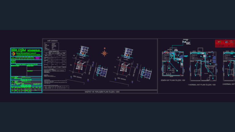 CAD drawing showing residential villa electrical plans, riser diagrams, and technical tables for power distribution.