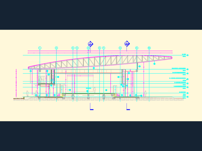 Longitudinal architectural section of a theater auditorium showing seating, foyer, stage, and curved steel roof truss.