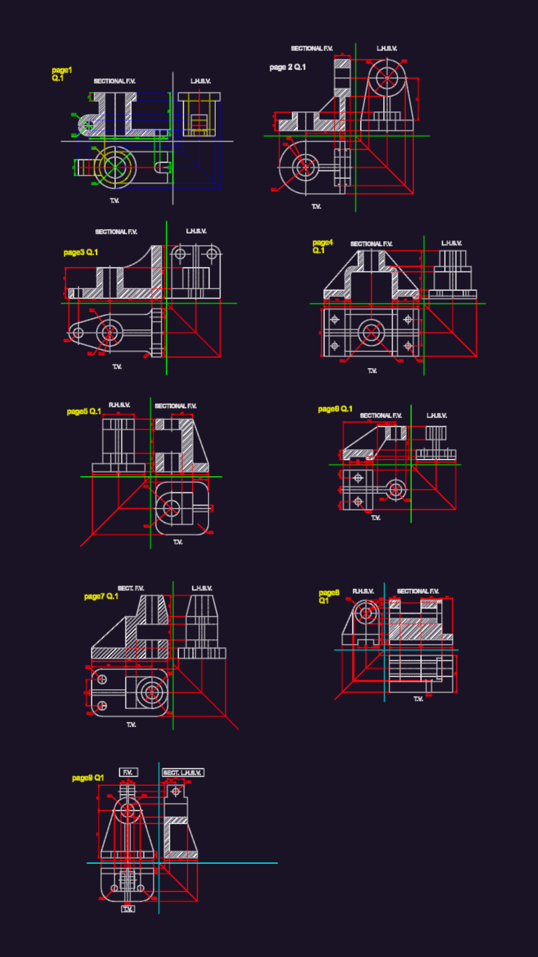 Orthographic projection drawings of mechanical parts with sectional front views, top views, side views, and dimensions.