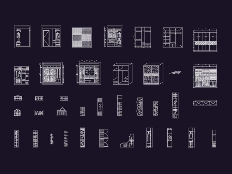 2D CAD elevations and internal sections for various closets, wardrobes, and cupboards.