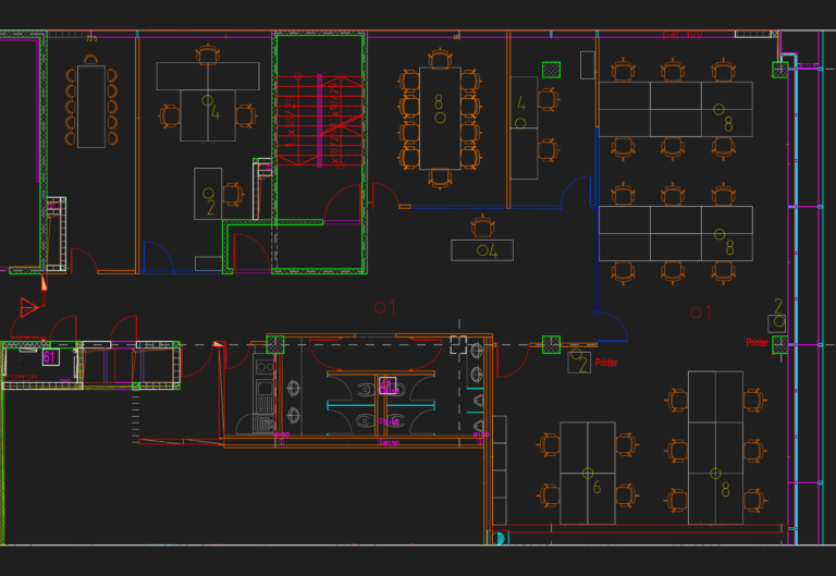 CAD floor plan showing office workstations, conference room for 8, glass partitions, and a sanitary block.